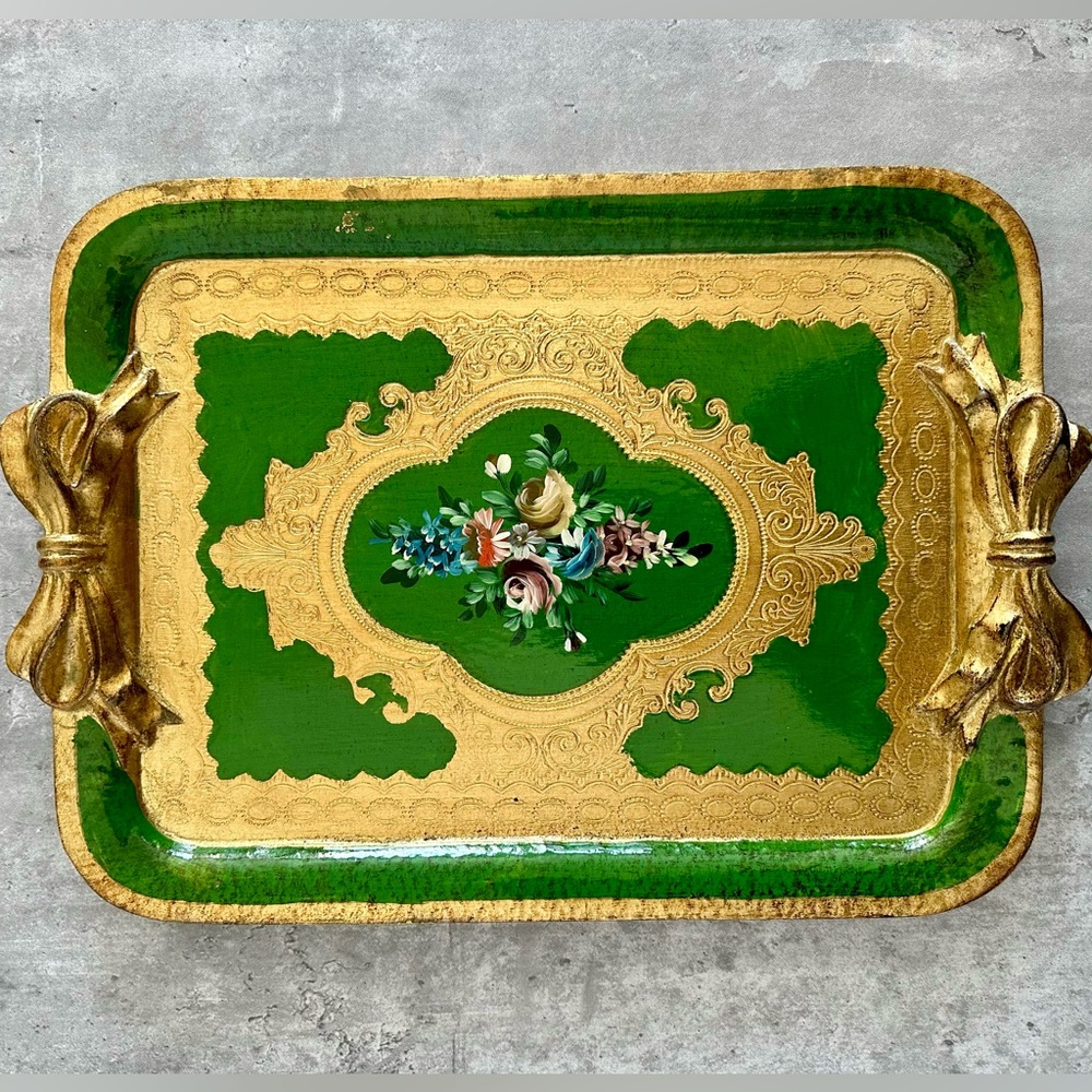 Florentine Gilded Serving Tray, Gold and Green Hand Carved and Painted Platter